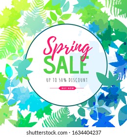 Spring big sale watercolor poster with green fresh leaves. Spring background