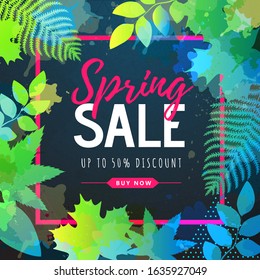 Spring big sale watercolor poster with green fresh leaves. Spring background