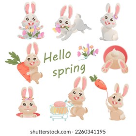 Spring big set with cute bunny, flowers. Vector rabbit character set. Animal wildlife holidays cartoon