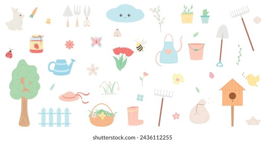 Conjunto grande de primavera en estilo dibujado a mano. Flores, nubes, insectos, plantas y herramientas de jardín para el trabajo de primavera. Para tarjetas de los niños, web, póster, invitación, kit de pegatinas. Vector aislado sobre fondo blanco