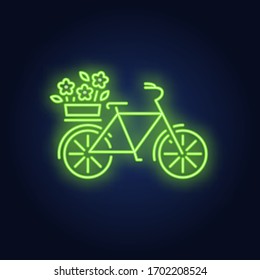 Spring bike neon sign. Bicycle with basket of flowers on brick wall background. Vector illustration in neon style for topics like romance, summer, transport