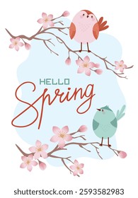 Spring bird. Adorable birds on a branch of an apple tree blooming with pink flowers on a background of a blue sky. Vector illustration.