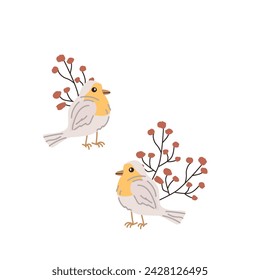 spring bird and autumn branch on white background for greeting card, cover design. Vector illustration isolated. Can used for wallpaper, poster, print design for cloth. 