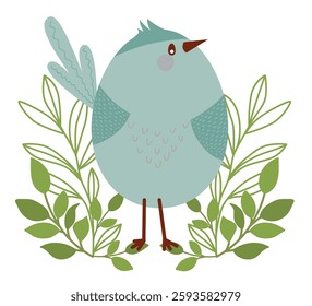 Spring bird. Beautiful bird with a branch. Vector illustration in a children s style, isolated on white.