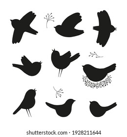 Spring bird black vector silhouette collection. Birds shapes clipart set isolated on white background. Nesting flying singing bird design elements.