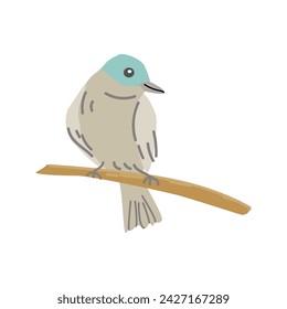 Spring bird with blue head. Vector cartoon illustration in childish style. Can used for greeting card, banner and poster, sticker. 