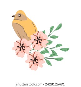 spring bird in branch and flowers for greeting card, cover design. Vector illustration isolated. Can used for wallpaper, poster, print design for cloth. 