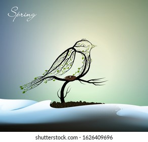 spring bird creative concept,  titmouse looks like tree with nest growing on soil between the snowdrift, eco production, vector