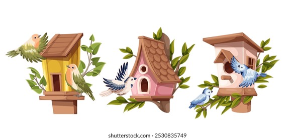 Conjunto de alimentadores de aves de primavera, casas de madera de dibujos animados para alimentar animales. Divertidas cajas de bricolaje retro con pájaros lindos que vuelan al agujero, mascota de la casa de pájaros, jardín de dibujos animados birdfeeder Ilustración vectorial de colección