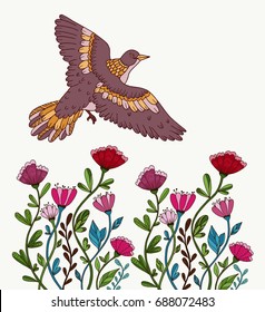 Spring bird and flowers on white background