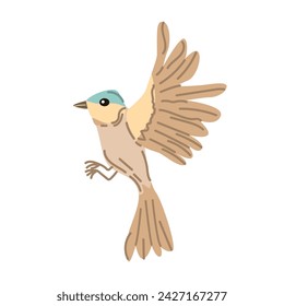 Pájaro de primavera volando. Ilustración de dibujos animados vectoriales en estilo infantil. Se puede utilizar para la tarjeta de felicitación, banner y póster, etiqueta engomada. 