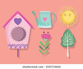 la flor de sol del árbol de la casa de las aves de primavera y el riego pueden establecer la ilustración del vector