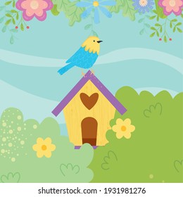 Pájaro de primavera sobre el diseño de la caseta de aves, jardín de adorno floral natural de temporada y tema de decoración Ilustración vectorial