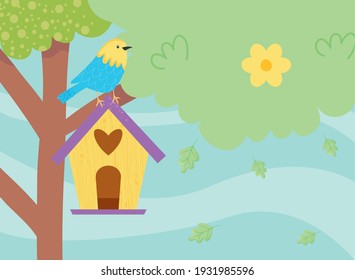 Spring bird on birdshouse at tree design, Season natural floral ornament garden and decoration theme Vector illustration