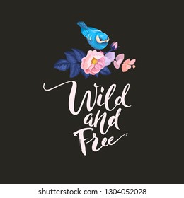 Spring Bird on Flower Branch Watercolor Poster. Floral Summer Abstract Bouquet with Blue Leaf and Nightingale for Wild and Free Motivation Placard. Romantic Blossom Flat Cartoon Vector Illustration