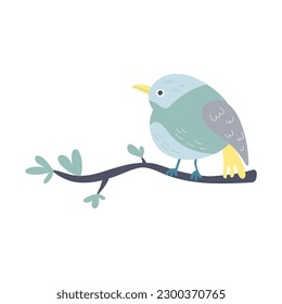 Spring bird on tree branch with leaves