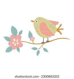 Spring bird on tree branch with leaves and flowers