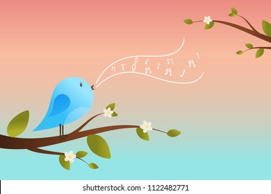 Spring Bird On Tree Singing Song From The Musical Notes. Blue Bird Cartoon Character.Singing Bird On A Branch.Bird On A Tree.Vector Illustration On Sky Background.