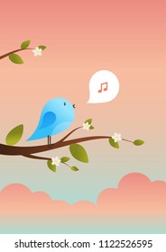 Spring bird on tree singing song from the musical notes. Blue bird cartoon character.Singing Bird on a branch.Bird on a tree.Vector illustration on sky background.