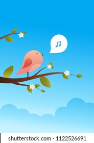 Spring bird on tree singing song from the musical notes. Pink bird cartoon character.Singing Bird on a branch.Bird on a tree.Vector illustration on sky background.