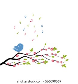 Spring Bird On Tree Singing Song From The Musical Notes. Vector Illustration On White Background.