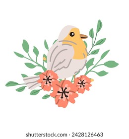 spring bird robin sitting in flowers and branch with leaves. Vector illustration isolated. Can used for wallpaper, poster, print design for cloth. 