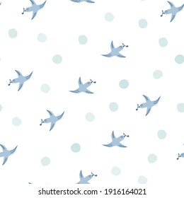 Spring Vogel nahtloses Muster mit musikalischen Noten. Nahtloser weißer Hintergrund mit blauen Vögeln, Kreisen, Flecken, Punkten. Handgezeichnete Vektorgrafik, einfache Illustration für Gewebe, Textilien, Umhüllung, Verpackung