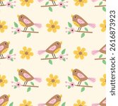 Spring Bird Seamless Pattern. Springtime pastel colored Songbird Finch perched on blooming tree branch with flower blossom Background. Vector illustration