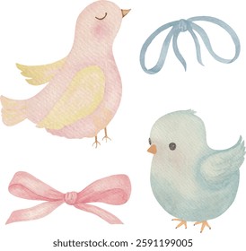 Spring bird, set of birds and bows, Vector Watercolor, Easter bird, willow, cartoon pink bird, blue bird for Cards invitations greeting cards baby shower