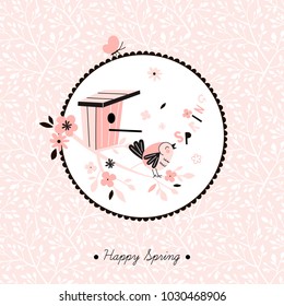 spring bird singing on branch, cute illustration