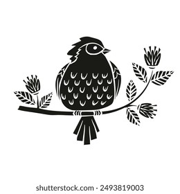 spring bird sits on a branch with flowers and berries in linocut style. Birds silhouette vector illustration