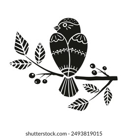 spring bird sits on a branch with flowers and berries in linocut style. Birds silhouette vector illustration