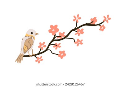 spring bird sitting on cherry blossom branch. Vector illustration isolated. Can used for wallpaper, poster, print design for cloth. 