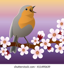 Spring bird sitting on  flowering branch. Vector illustration.