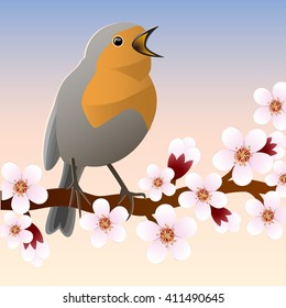 Spring bird sitting on a flowering branch. Vector Image.