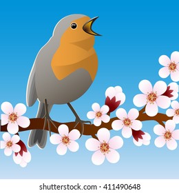 Spring bird sitting on a flowering branch. Vector Image.