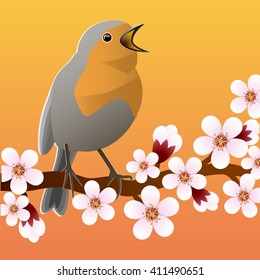 Spring bird sitting on a flowering branch. Vector Image.