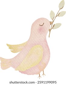 Spring bird, Vector Watercolor, Easter bird, willow, cartoon pink bird, for Cards invitations greeting cards baby shower