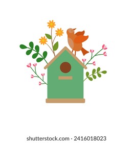 Spring birdhouse, bird, flowers. Flat vector illustration, isolated objects on white background