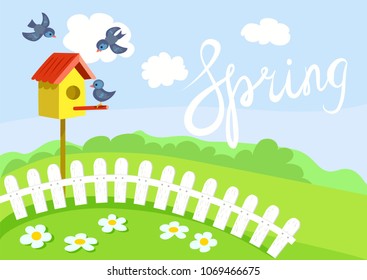 spring, birdhouse and birds. vector illustration