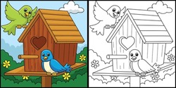 Spring Birdhouse Coloring Page Illustration