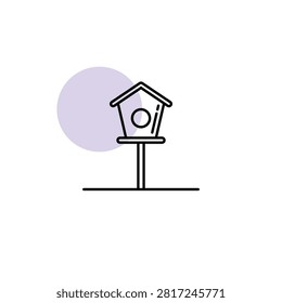 Spring birdhouse line icon, thin outline wooden nesting box and bird feeder on a pole symbol on a pastel circle, minimal linear vector illustration for backyard, garden, birdwatching and poster design