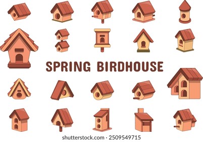 Spring Birdhouse Lineal Color Vector Illustration Icon Sticker Set Design Materials