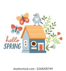 Pabellón de primavera. Plantilla de tarjeta de saludo de ánimo de primavera. Invitación de la temporada de primavera de bienvenida. Pabellón de postal minimalista. 
