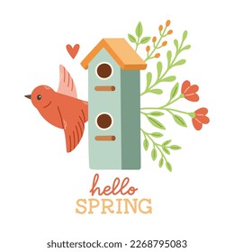 Spring birdhouse. Spring mood greeting card template. Welcome spring season invitation. Minimalist postcard birdhouse. 