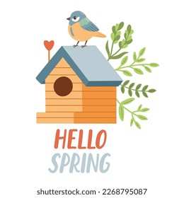 Spring birdhouse. Spring mood greeting card template. Welcome spring season invitation. Minimalist postcard birdhouse. 