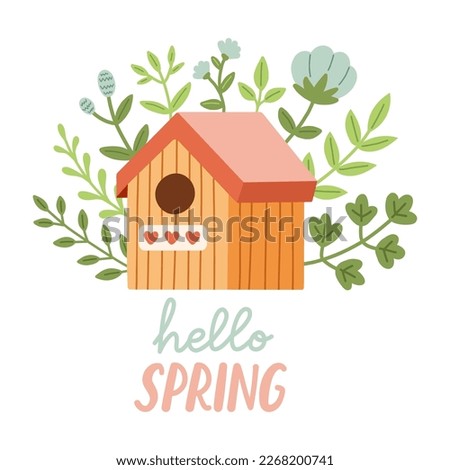 Spring birdhouse. Spring mood greeting card template. Welcome spring season invitation. Minimalist postcard birdhouse.  Сток-фото © 