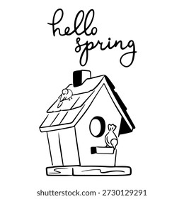 Primavera Birdhouse con anidación de aves a mano bosquejado diseño de Naturaleza
