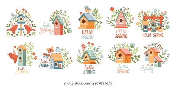 Spring birdhouse set. Spring mood greeting card template. Welcome spring invitation. Minimalist postcard birdhouse. 