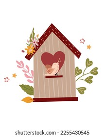 A spring birdhouse in which a bird sings, leaves, flowers and stars all around. The spring composition is suitable for posters, cards, banners, posters. Vector illustration.